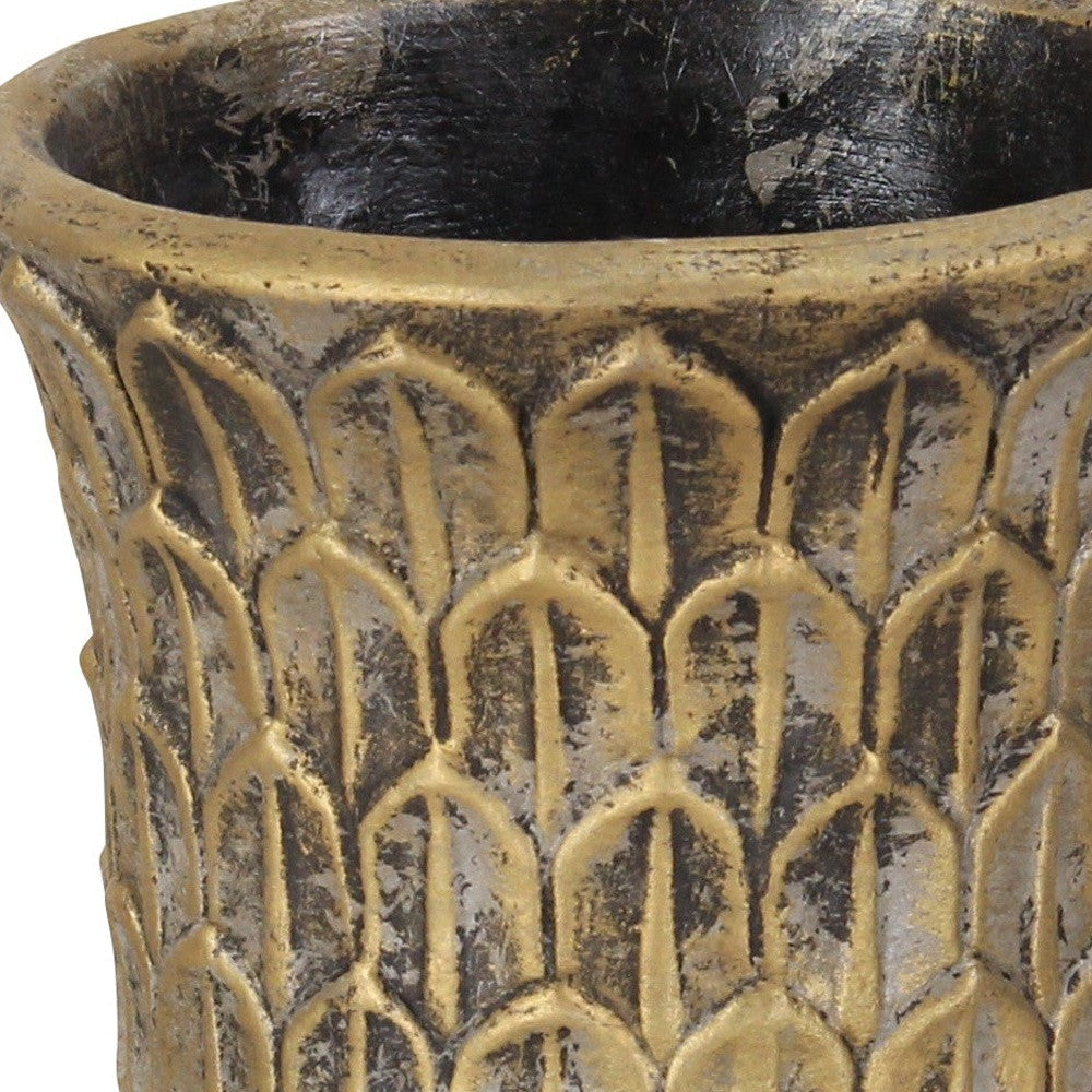 7" Antiqued Brass Textural Tone On Tone Cement Indoor Outdoor Round Urn Planter - Homeroots - Flyclothing LLC