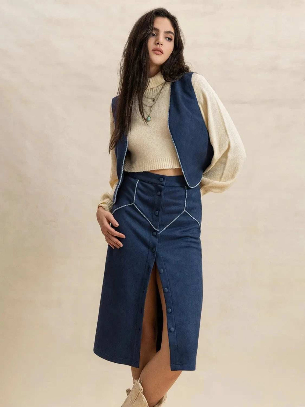 Open Front Vest and Buttoned Skirt Set - Trendsi - Flyclothing LLC