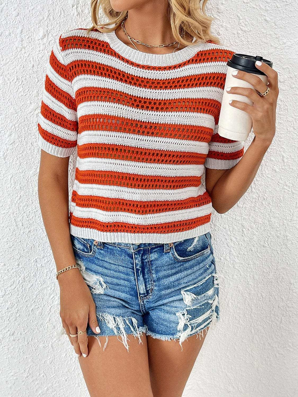 Openwork Striped Round Neck Short Sleeve Knit Top - Trendsi - Flyclothing LLC