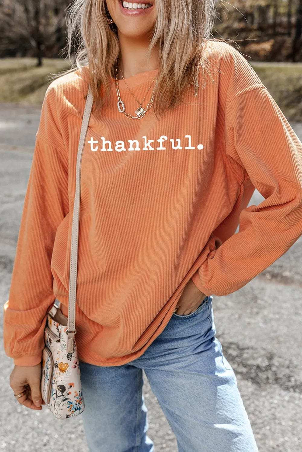 THANKFUL Round Neck Long Sleeve Sweatshirt - Trendsi - Flyclothing LLC