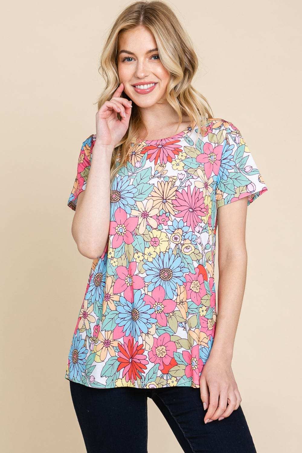 BOMBOM Floral Short Sleeve T-Shirt - Trendsi - Flyclothing LLC