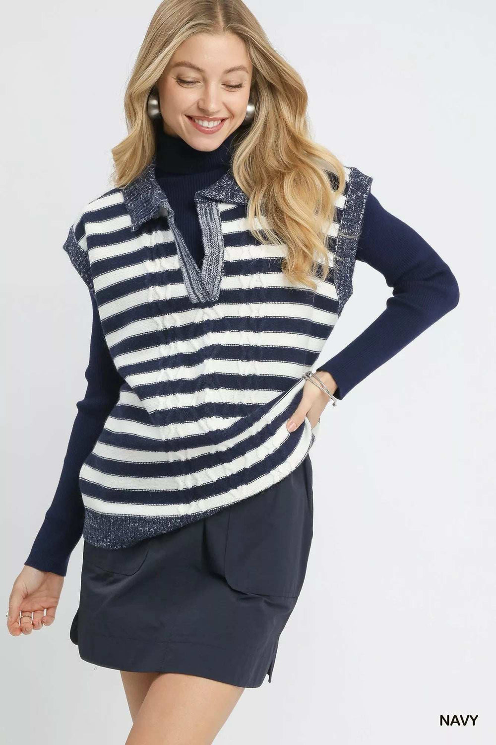 Umgee Cable Knit Collared Striped Vest Sweater - Trendsi - Flyclothing LLC