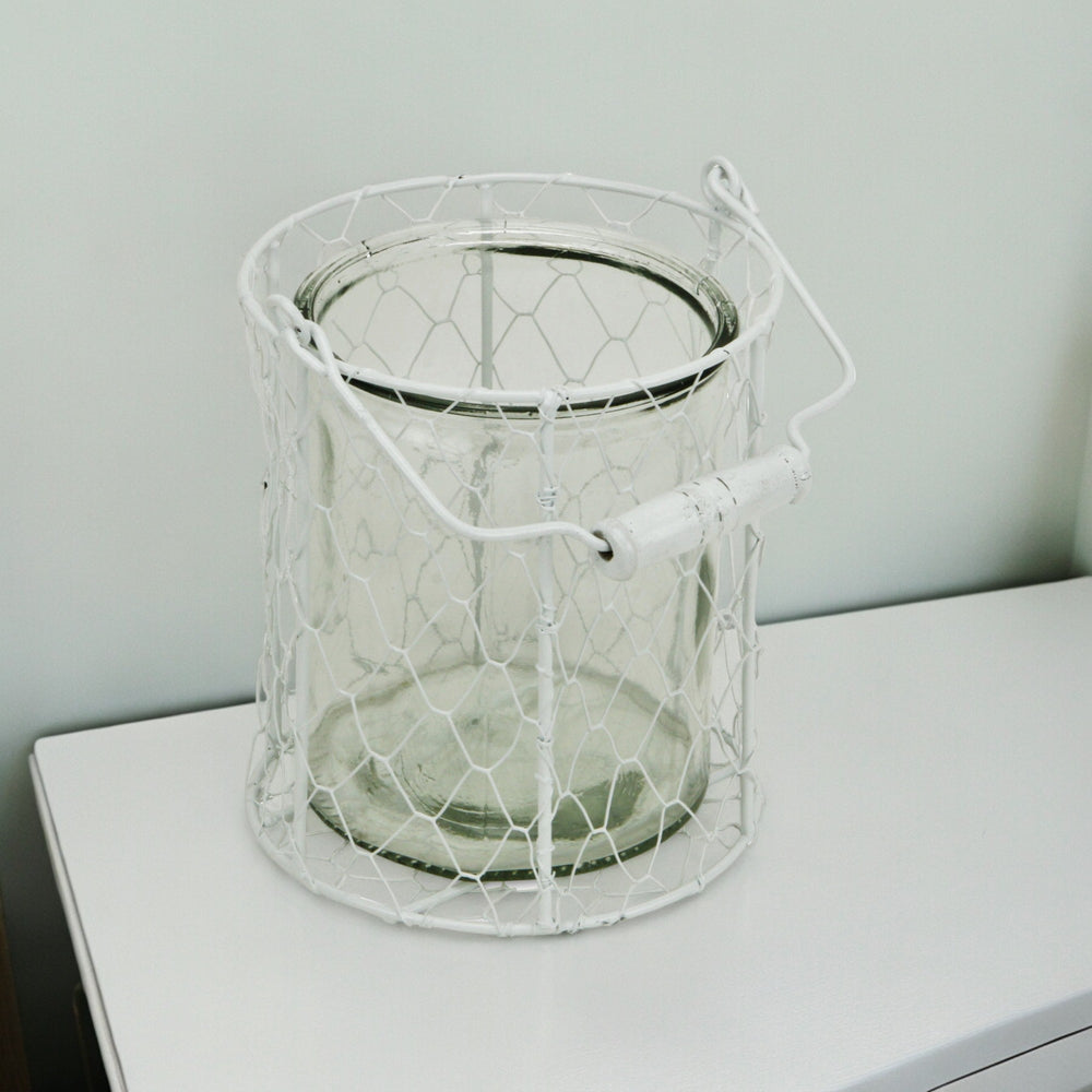 6" White and Clear Wire Basket and Glass Jar - Homeroots