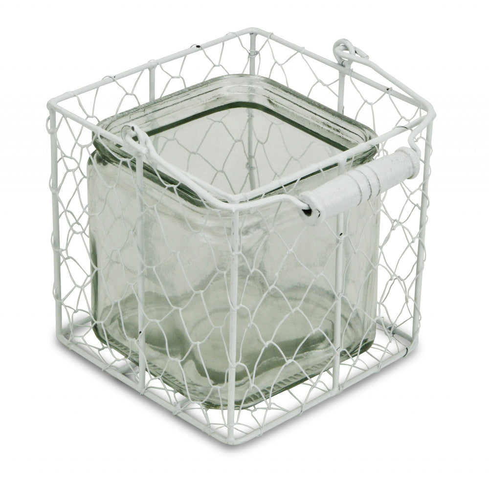 5.5" White and Clear Wire Basket Glass Jar - Homeroots