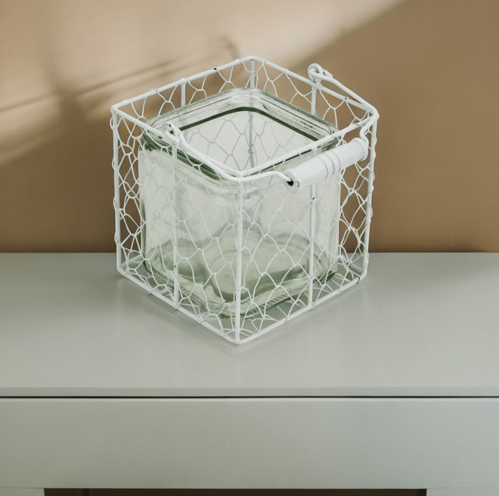 5.5" White and Clear Wire Basket Glass Jar - Homeroots