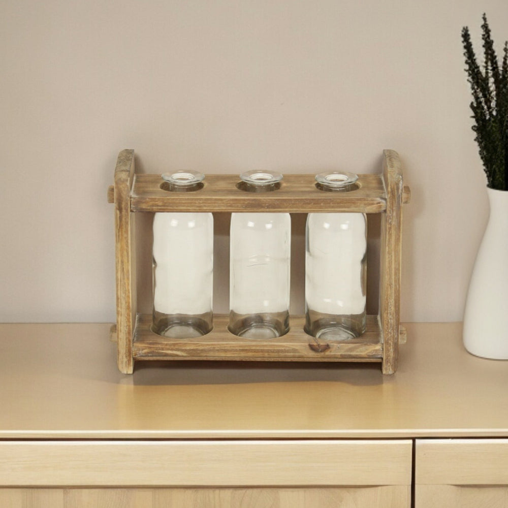 7" Set of Three Glass Jars in a Wood Rack - Homeroots