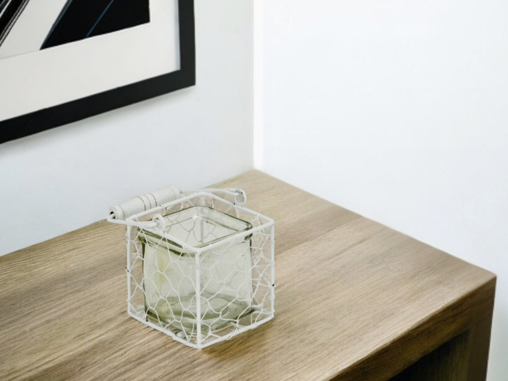 4" White Glass and Metal Lattice Tabletop Lantern Candle Holder - Homeroots - Flyclothing LLC