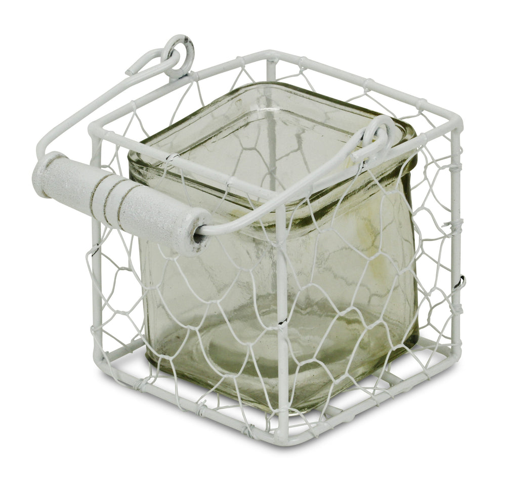 4" White Glass and Metal Lattice Tabletop Lantern Candle Holder - Homeroots - Flyclothing LLC