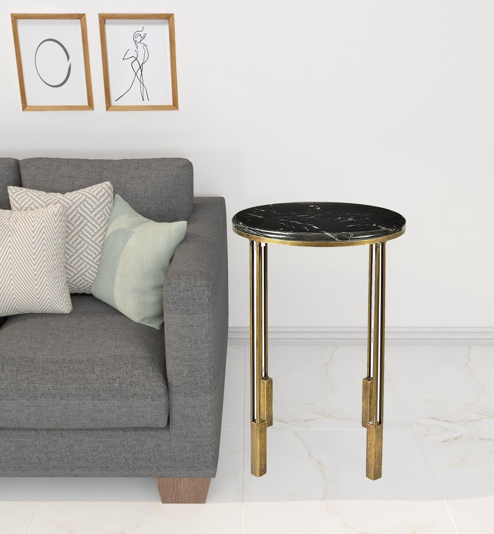 23" Gold And Black Marble And Iron Round End Table - Homeroots - Flyclothing LLC