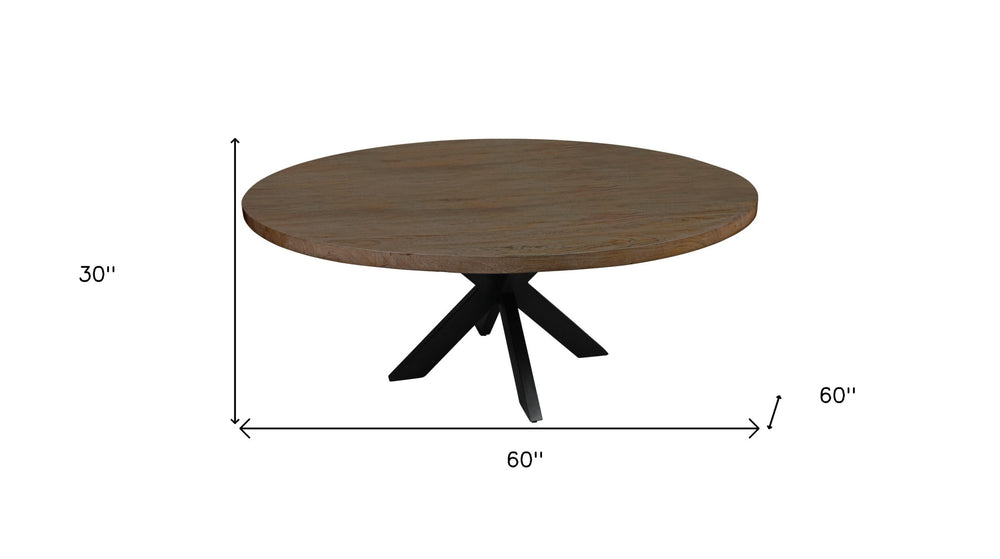 60" Natural And Black Rounded Solid Wood And Iron Pedestal Base Dining Table - Homeroots