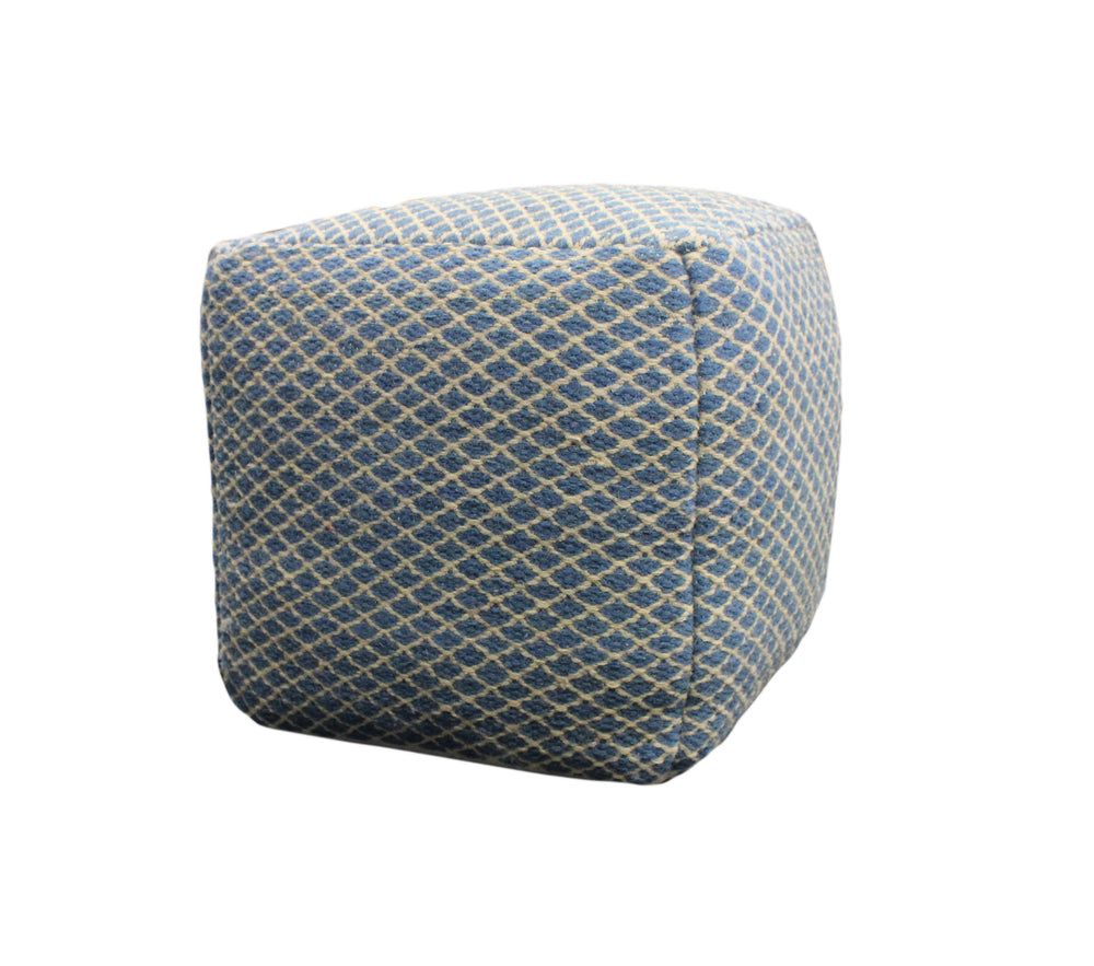 18" Blue and Beige Wool Cube Trellis Pouf Ottoman - Homeroots