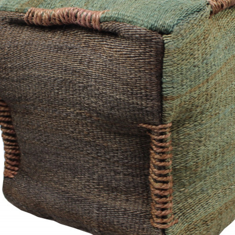 18" Green and Brown Jute Cube Pouf Ottoman - Homeroots