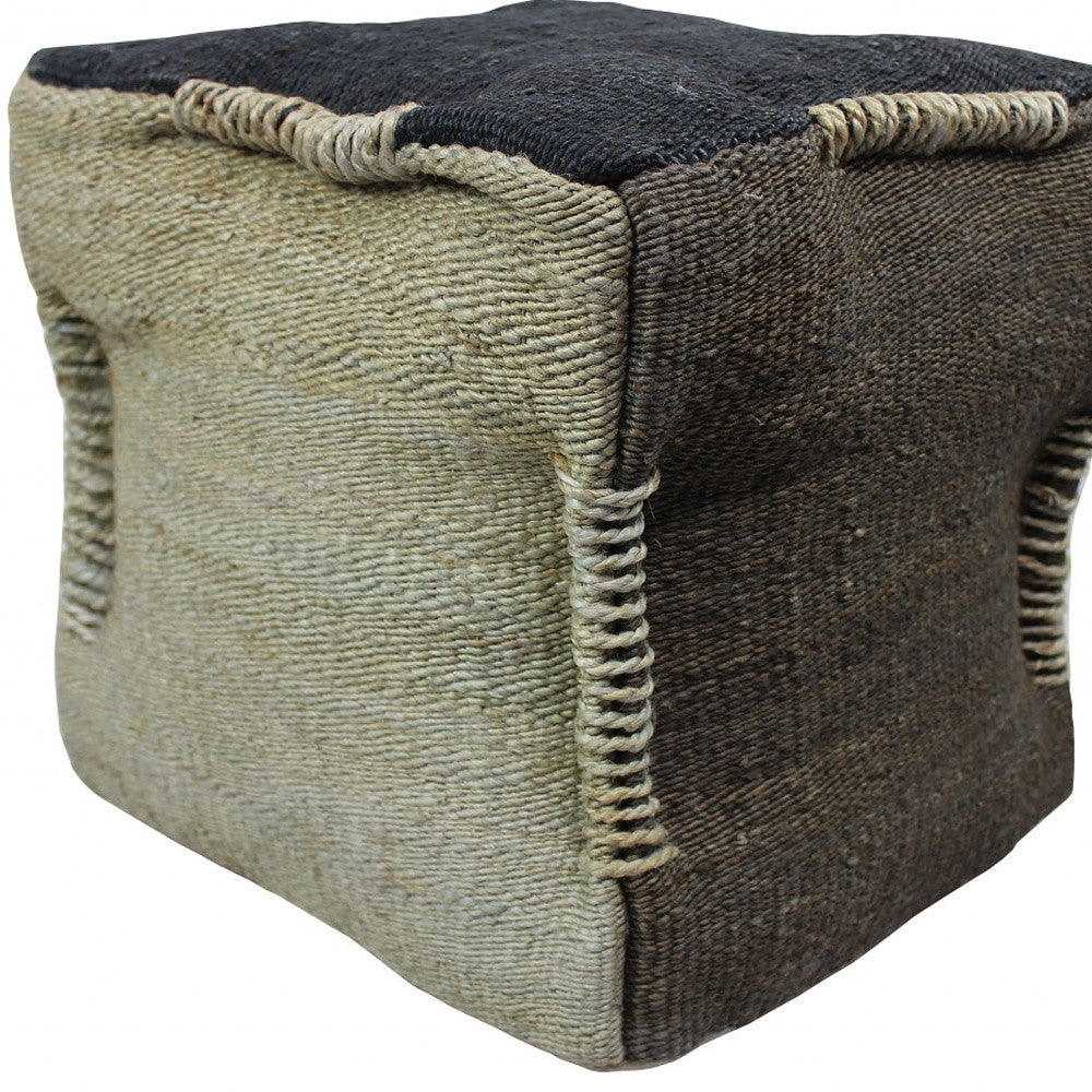 18" Black and Taupe Jute Cube Pouf Ottoman