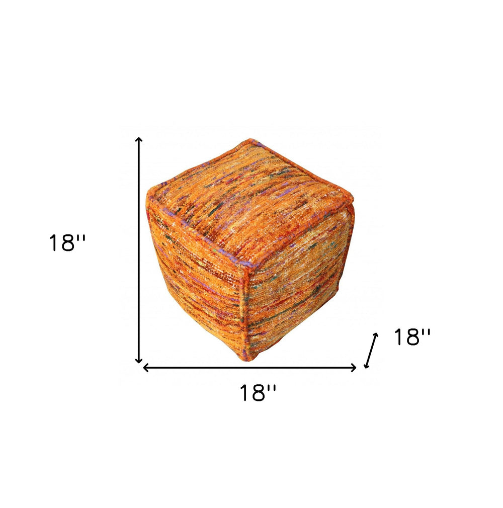 18" Orange Recycled Silk and Cotton Blend Cube Pouf Ottoman