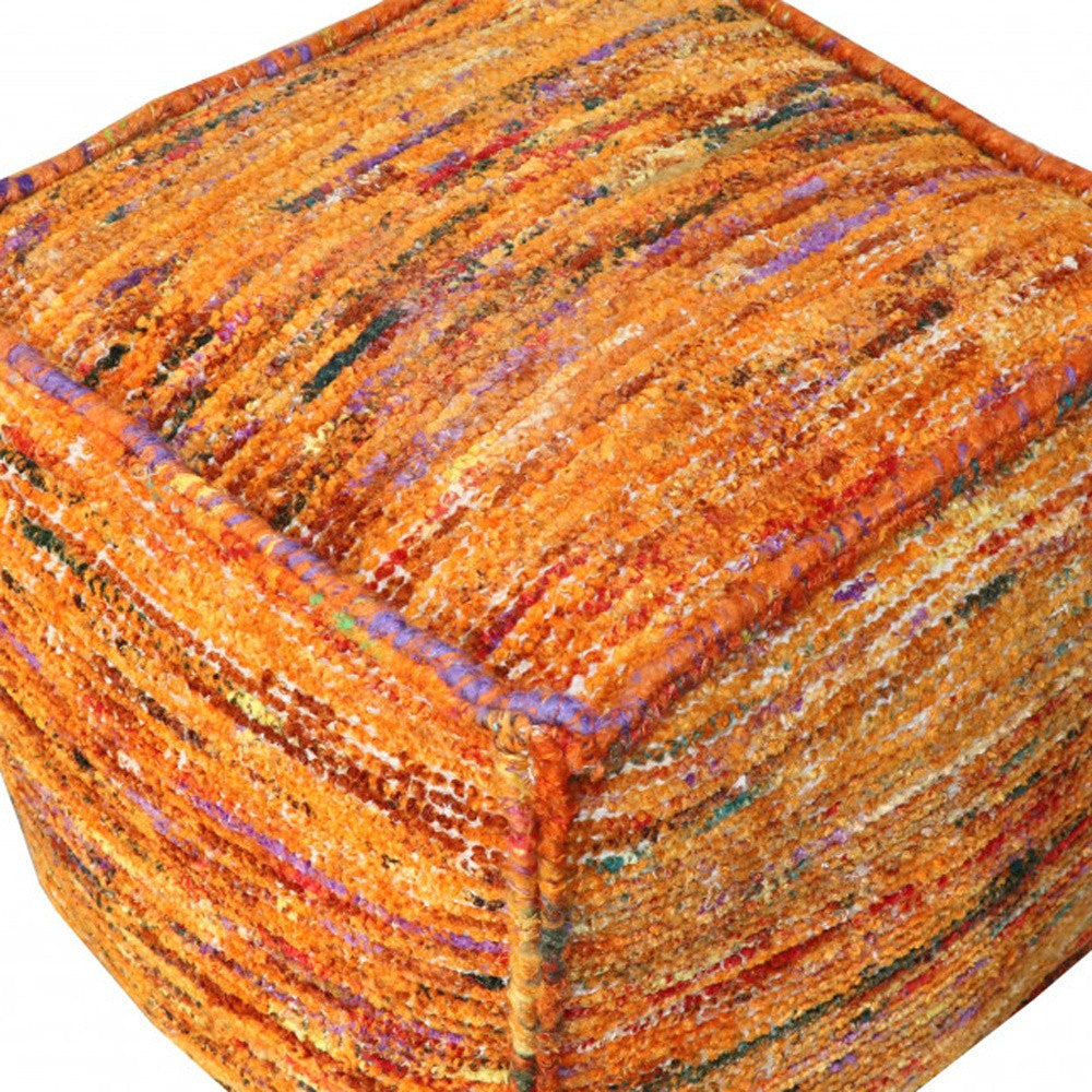18" Orange Recycled Silk and Cotton Blend Cube Pouf Ottoman
