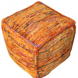 18" Orange Recycled Silk and Cotton Blend Cube Pouf Ottoman - Homeroots