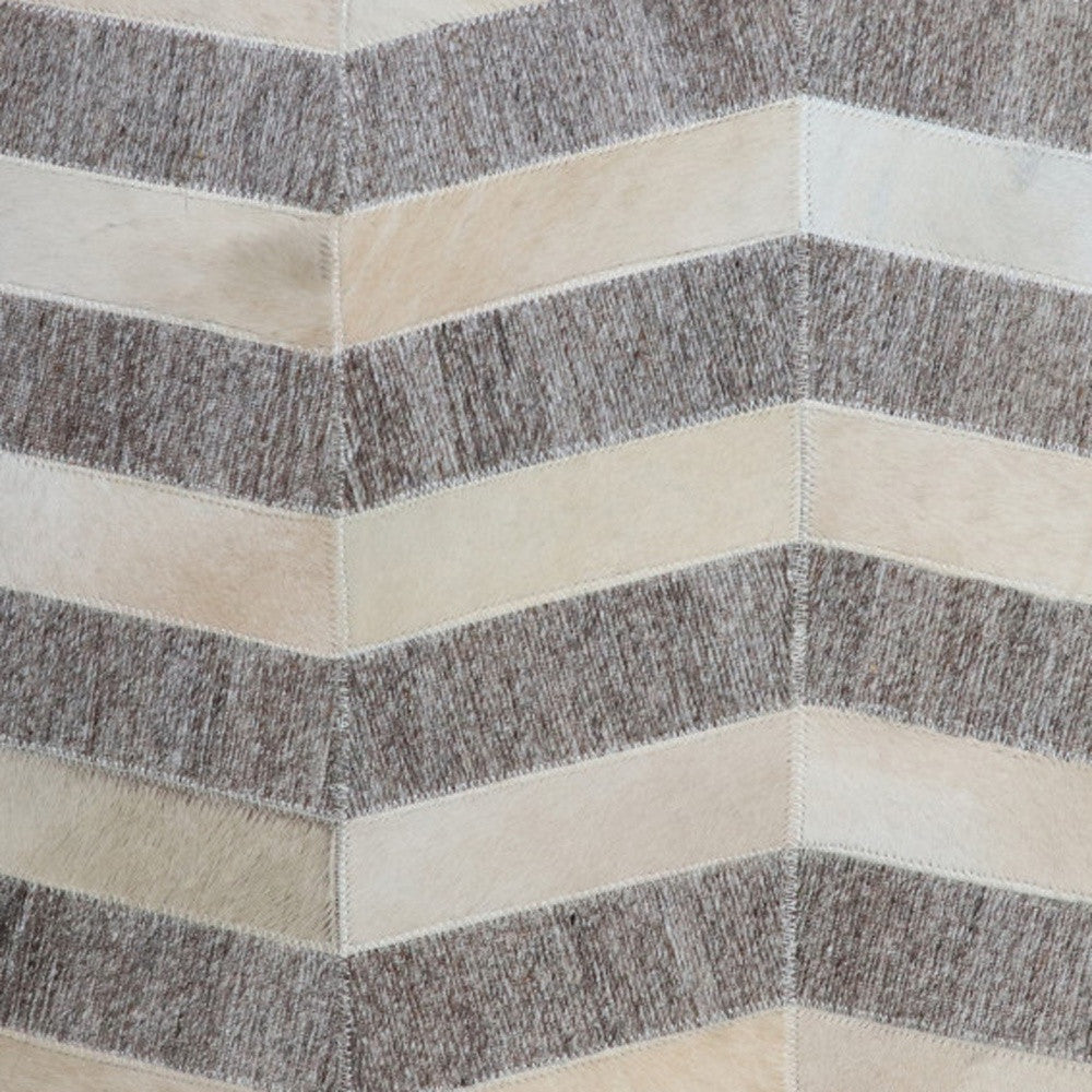 18" Gray and Beige Hair on Hide Cube Chevron Pouf Ottoman - Homeroots