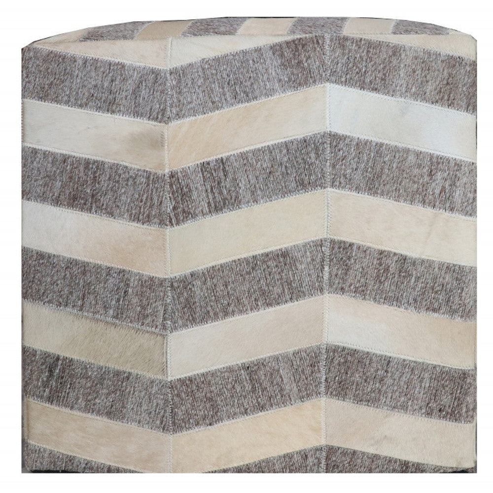 18" Gray and Beige Hair on Hide Cube Chevron Pouf Ottoman - Homeroots