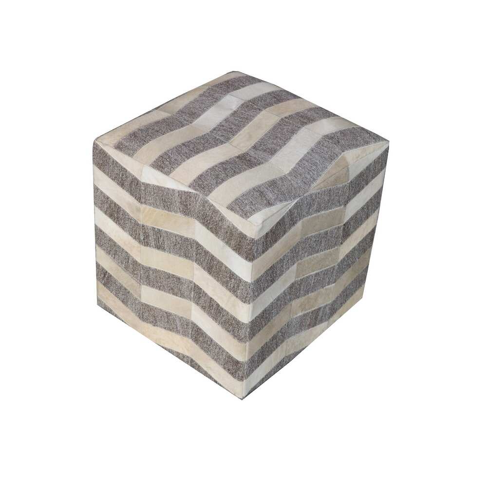 18" Gray and Beige Hair on Hide Cube Chevron Pouf Ottoman