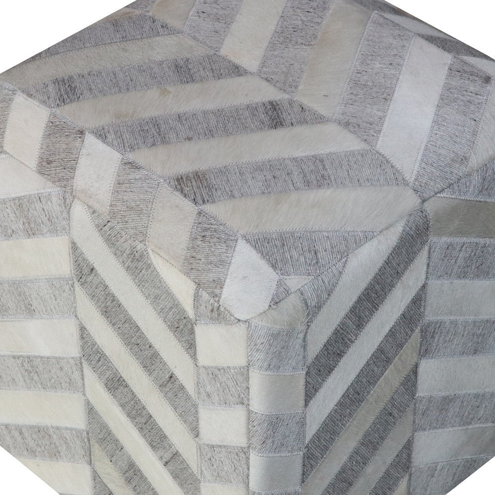 18" Gray and Ivory Hair on Hide Cube Chevron Pouf Ottoman - Homeroots