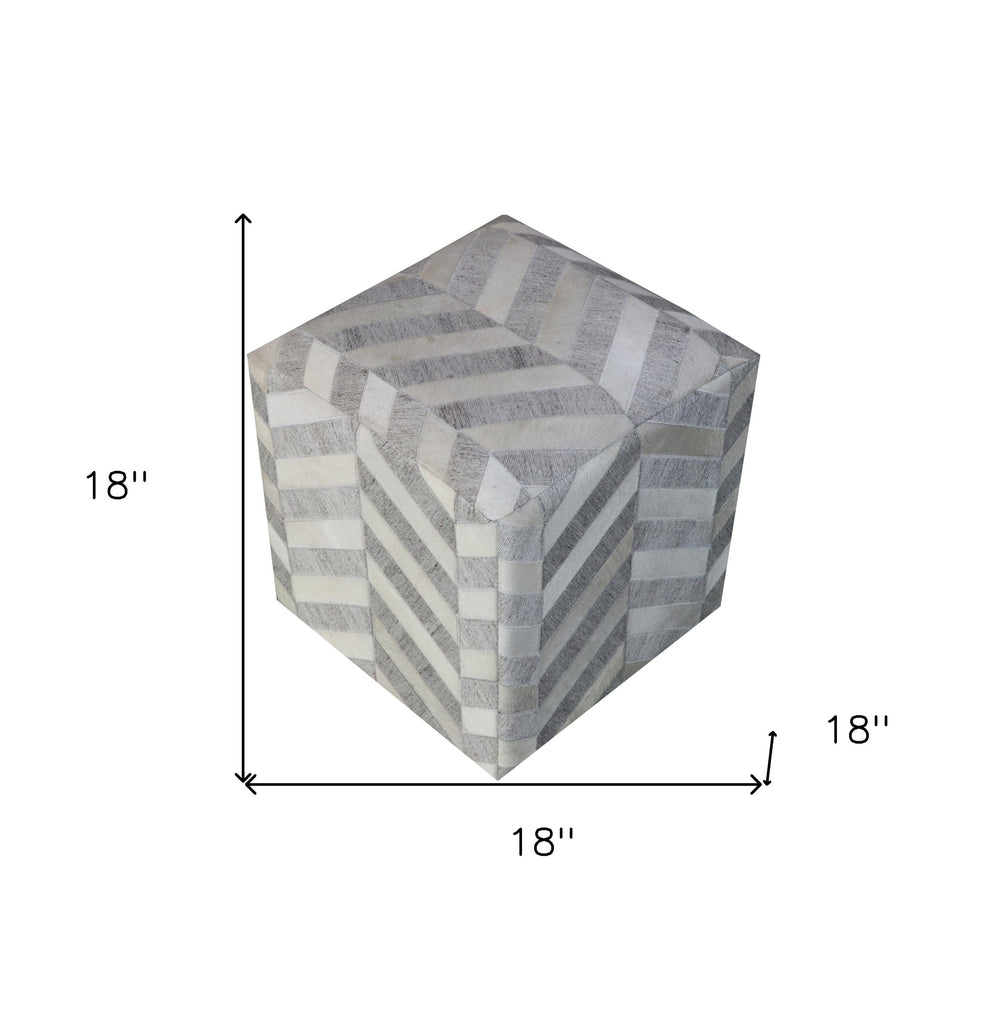 18" Gray and Ivory Hair on Hide Cube Chevron Pouf Ottoman - Homeroots