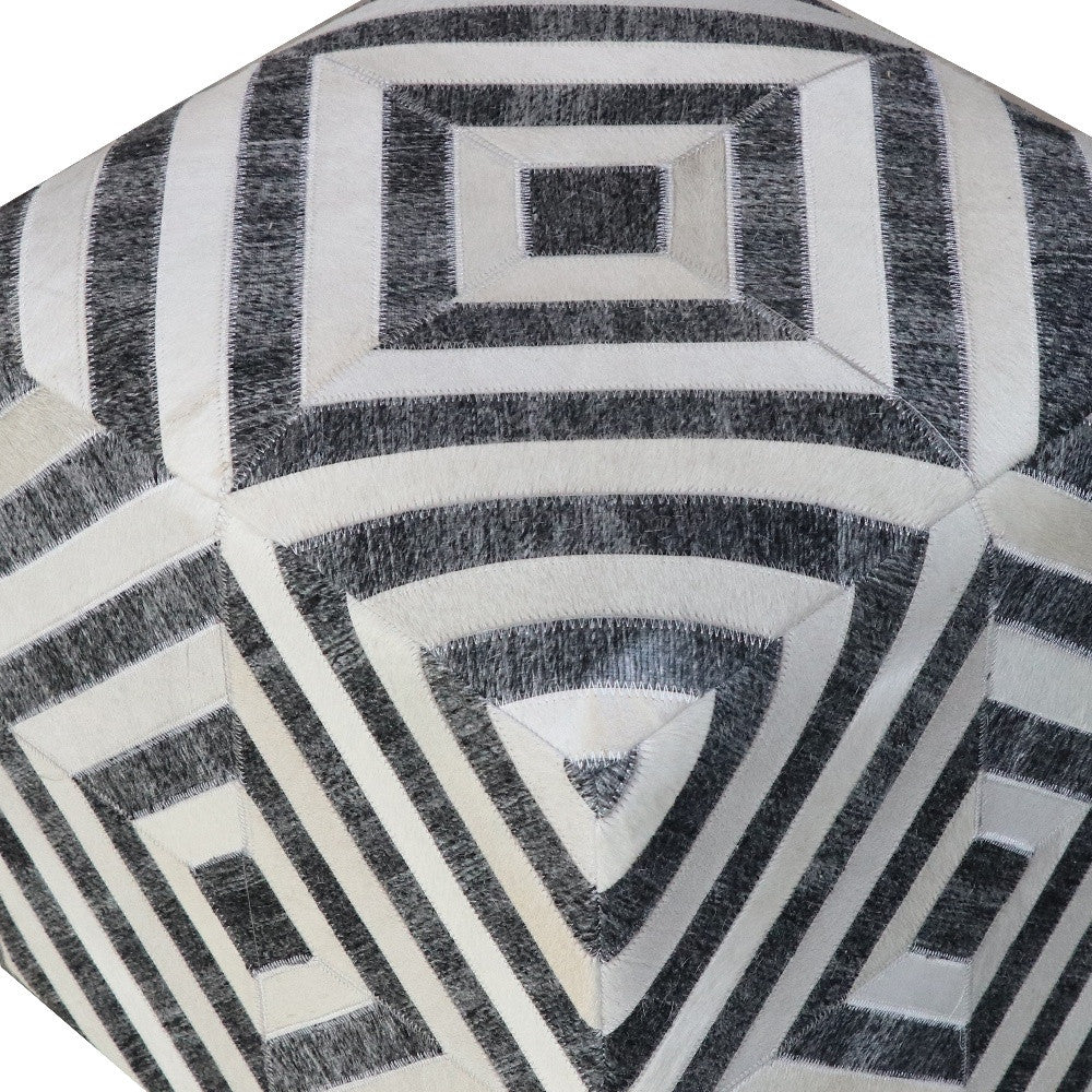 18" Dark Gray and Ivory Hair on Hide Cube Geometric Pouf Ottoman - Homeroots