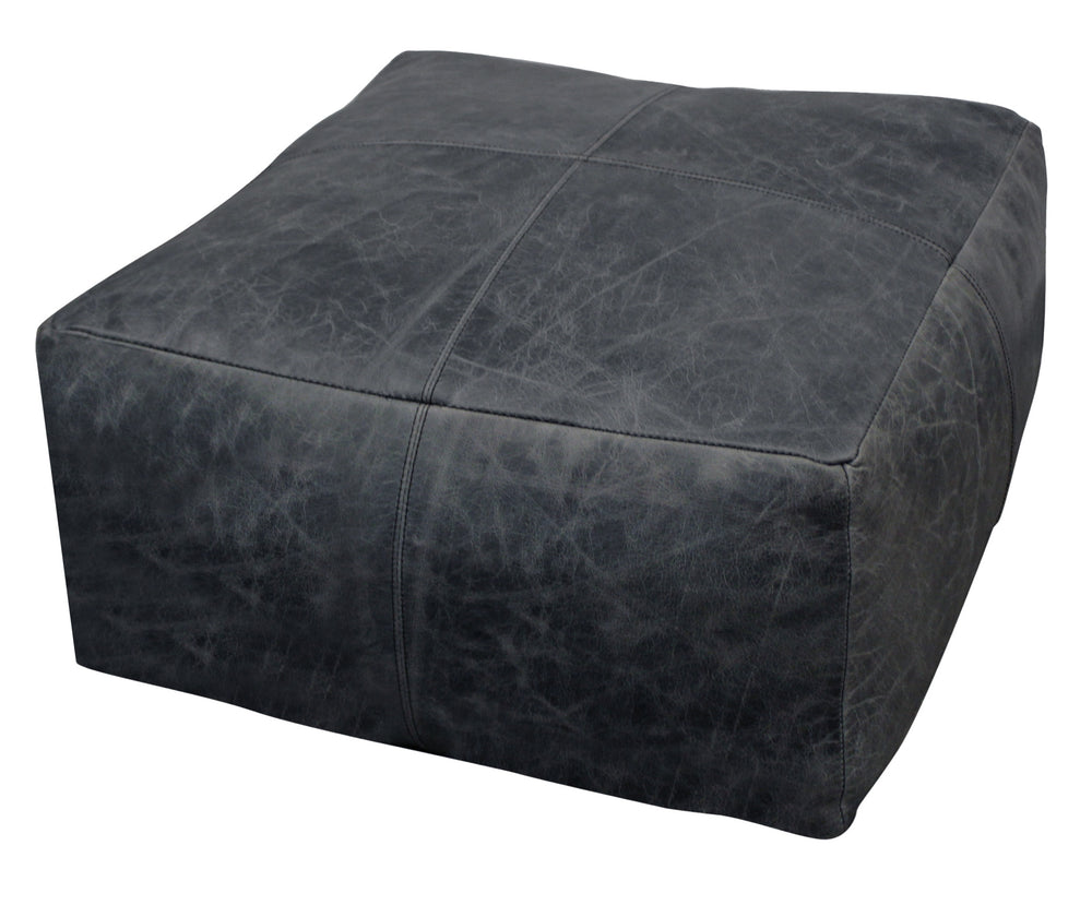 22" Black Distressed Leather Pouf Ottoman
