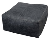22" Black Distressed Leather Pouf Ottoman