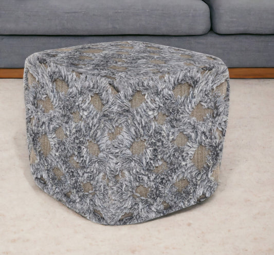 18" Natural and Gray Wool Cotton Blend Cube Geometric Pouf Ottoman - Homeroots