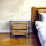 28" Natural Solid Wood and Glass Two Drawer Nightstand