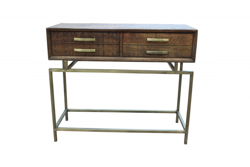 36" Brown and Brass Solid Wood Distressed Frame Console Table With Storage - Homeroots - Flyclothing LLC