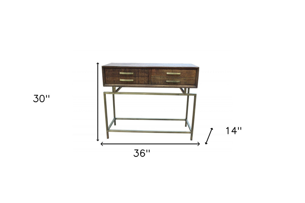 36" Brown and Brass Solid Wood Distressed Frame Console Table With Storage - Homeroots - Flyclothing LLC