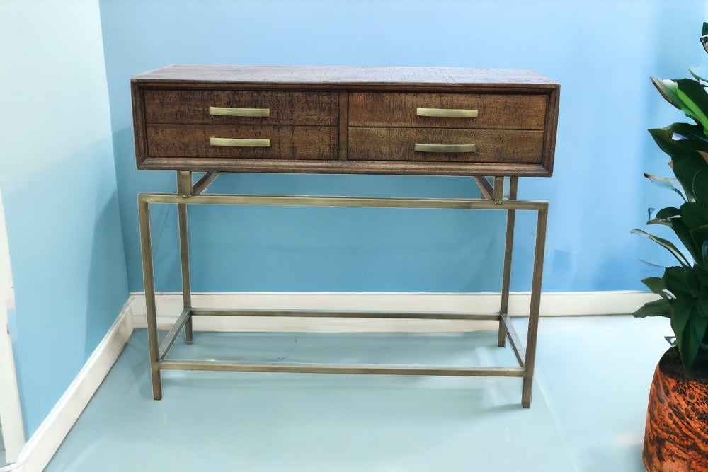 36" Brown and Brass Solid Wood Distressed Frame Console Table With Storage - Homeroots - Flyclothing LLC