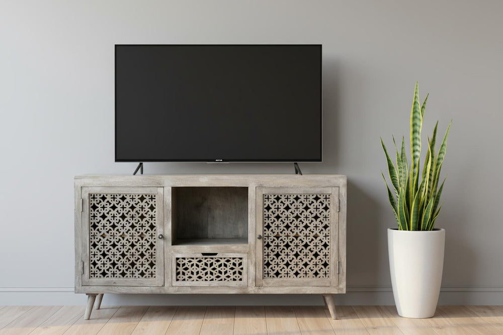 55" Gray Solid Wood Cabinet Enclosed Storage Worn TV Stand