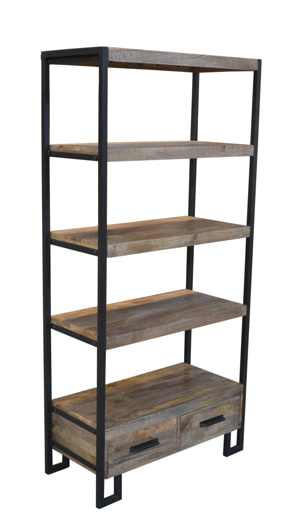 71" Brown Distressed Solid Wood Four Tier Etagere Bookcase with Two Drawers - Homeroots - Flyclothing LLC