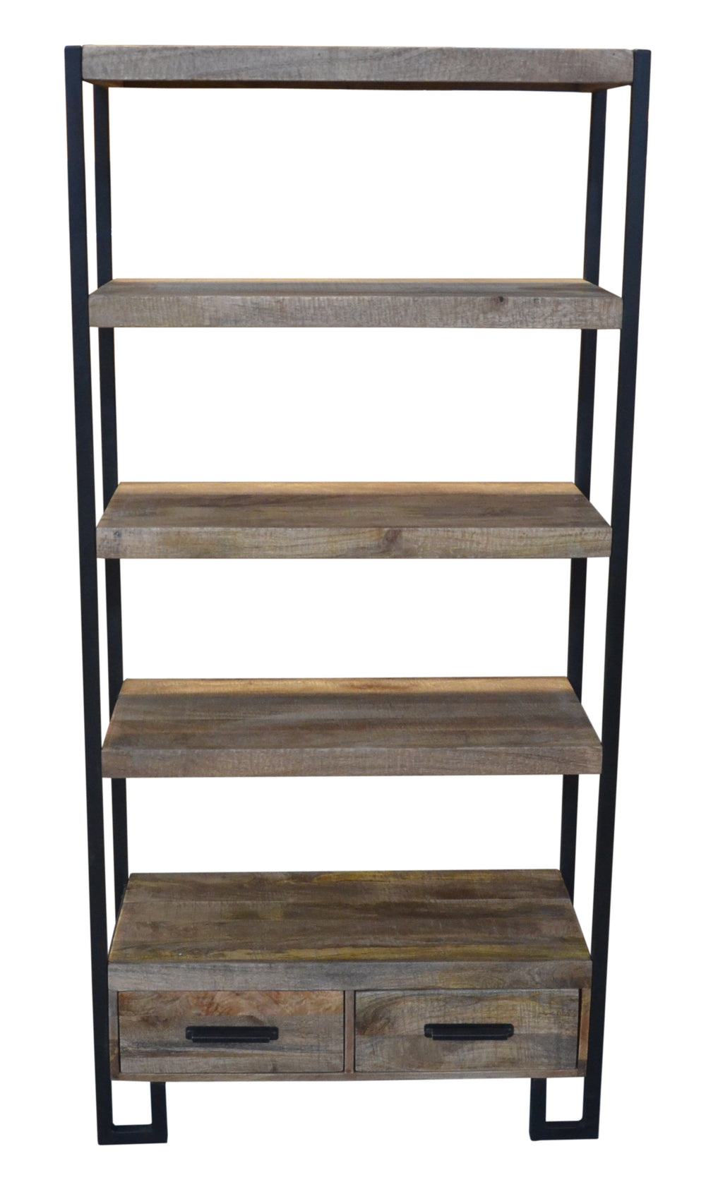 71" Brown Distressed Solid Wood Four Tier Etagere Bookcase with Two Drawers - Homeroots - Flyclothing LLC