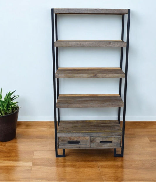 71" Brown Distressed Solid Wood Four Tier Etagere Bookcase with Two Drawers - Homeroots