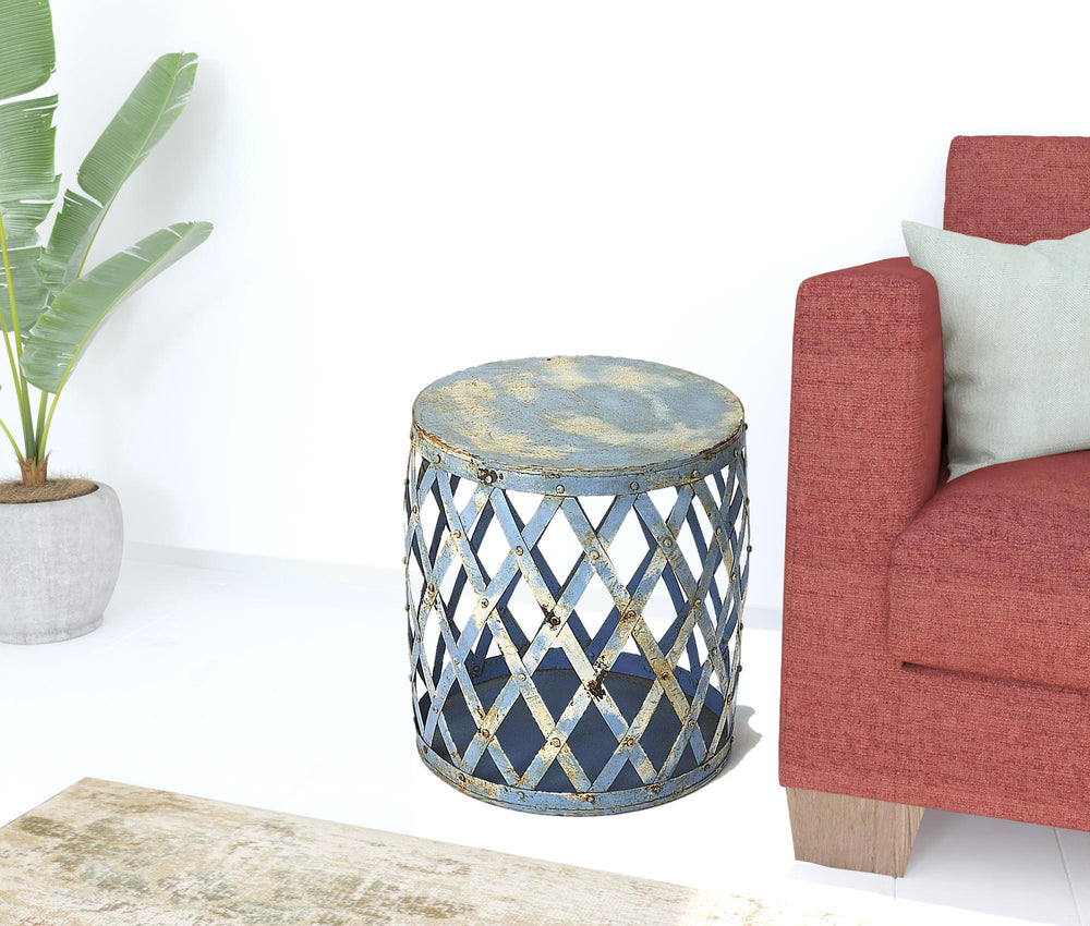17" Rustic Blue Iron Lattice Round Top End Table - Homeroots - Flyclothing LLC