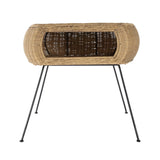 24" Black And Brown Distressed Rattan And Iron Round End Table With Shelf