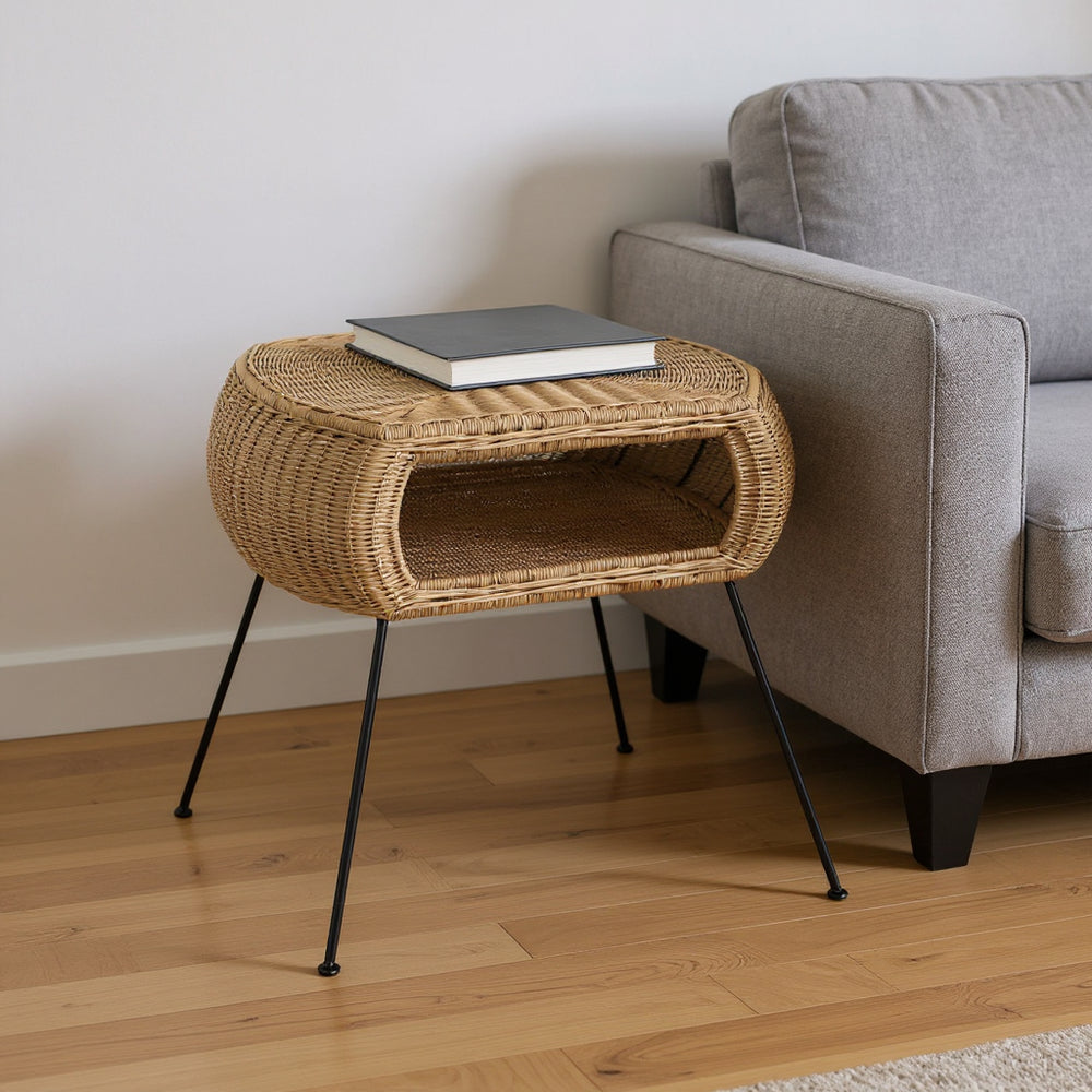 24" Black And Brown Distressed Rattan And Iron Round End Table With Shelf