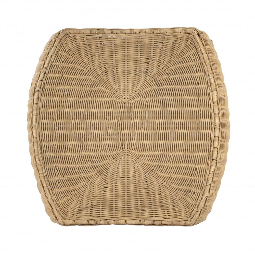 24" Black And Brown Distressed Rattan And Iron Round End Table With Shelf