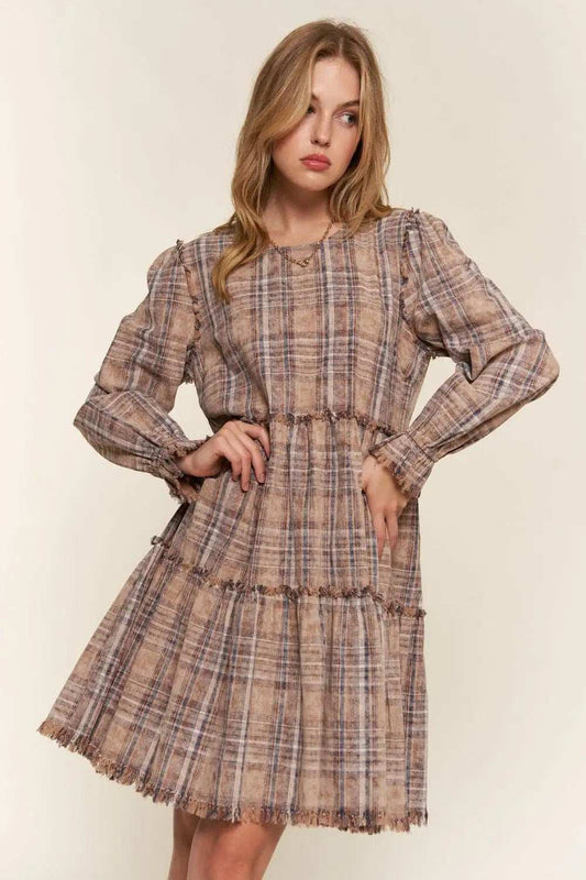 And The Why Full Size Washed Frayed Tiered Plaid Dress - Trendsi - Flyclothing LLC