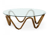 45" Clear and Brown Glass And Solid Wood Round Abstract Coffee Table