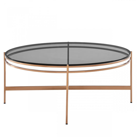 35" Gray and Gold Glass And Stainless Steel Round Coffee Table