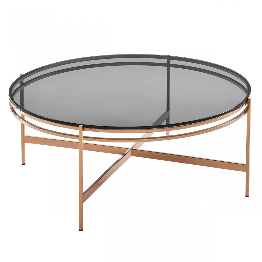 35" Gray and Gold Glass And Stainless Steel Round Coffee Table