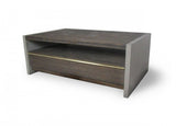 47" Brown and Dark Gray Solid Wood And Concrete Block Coffee Table With Drawer And Shelf