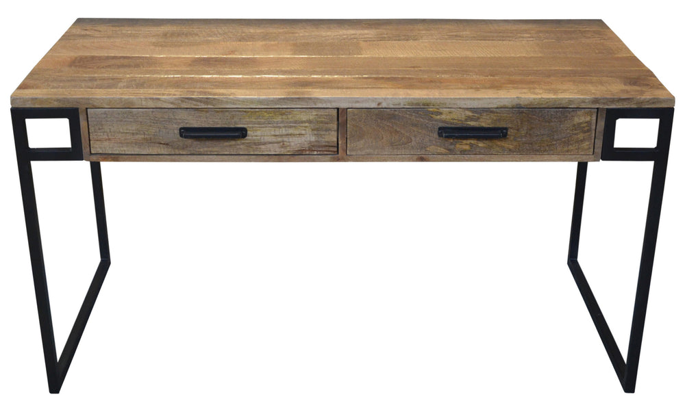 60" Natural and Black Solid Wood Writing Desk With Two Drawers