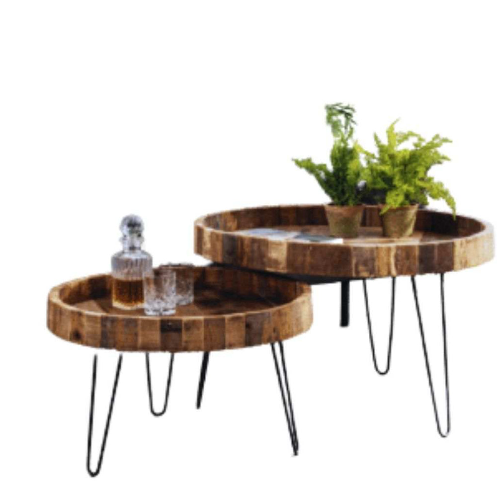 Set Of Two Black And Natural Brown Solid Wood And Iron Round End Tables - Homeroots - Flyclothing LLC