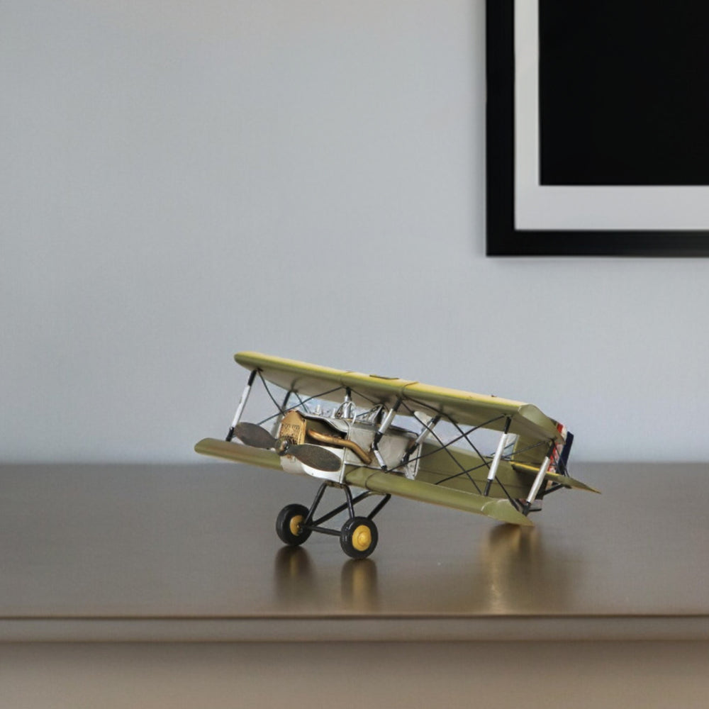 6" Yellow and Green Metal Hand Painted Model Airplane Tabletop Sculpture