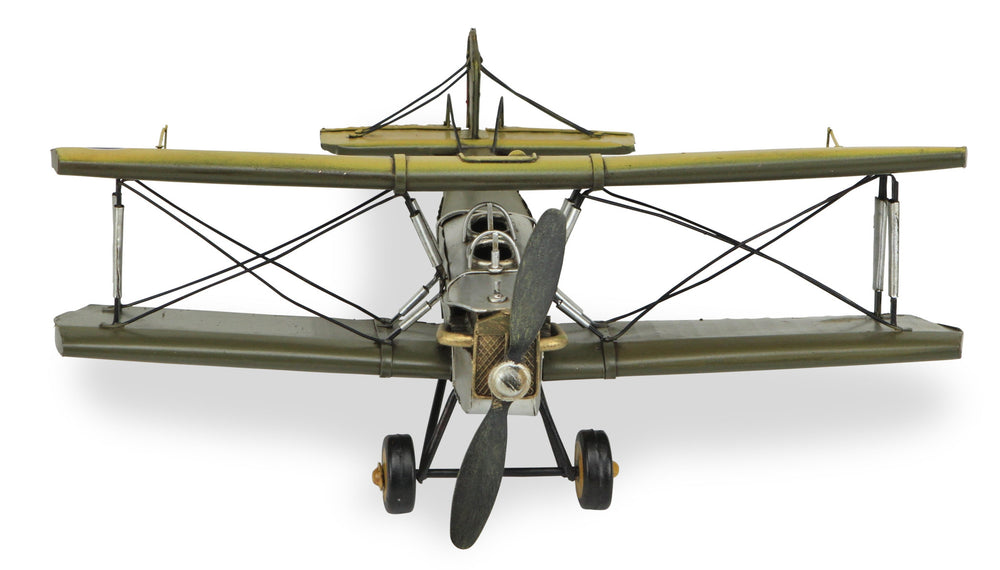 6" Yellow and Green Metal Hand Painted Model Airplane Tabletop Sculpture